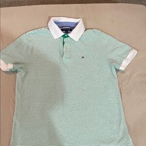 Tommy Hilfiger Men's Green and White Striped Polo Shirt - size medium